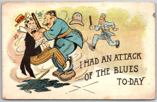 A cartoon depicting a cop with a billy club assaulting someone