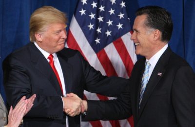 Donald Trump shaking hands with Mitt Romney