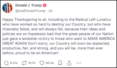 Donald Trump's social media post for Thanksgiving 2024