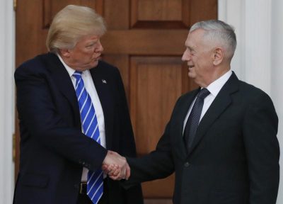 Donald Trump shaking hands with James Mattis