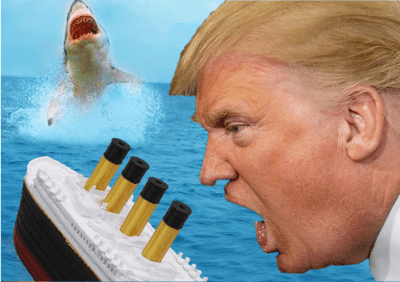 Donald Trump ranting in a picture with a shark and sinking boat