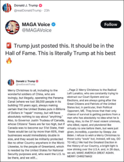A TruthSocial post containing admiration for Donald Trump's 2024 Christmas message.