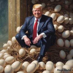 An AI-generated image of Donald Trump sitting on a nest of eggs.
