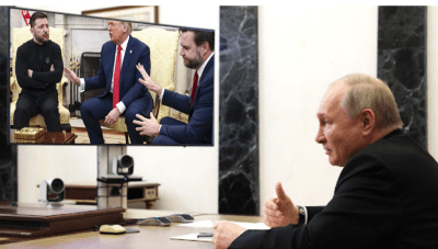 Putin watching Zelenskyy, Trump, and Vance on TV