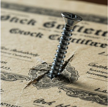 A stock certificate with a screw driven through it