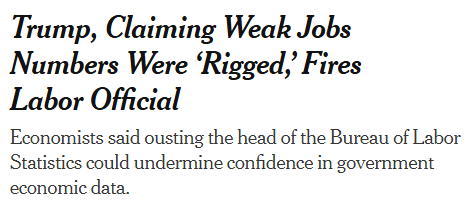 A headline referencing Trump's firing of a government official over a revised report