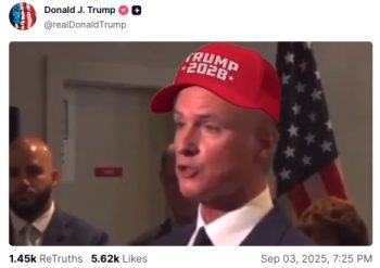 An AI-generated image of Gavin Newsom wearing a Trump 2028 hat