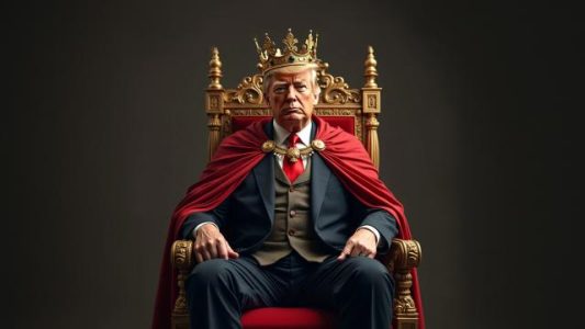 Donald Trump appearing as a king on a throne