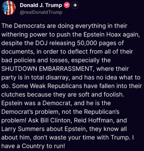 Trump's Truth Social post re: Epstein where he says he has a country to run